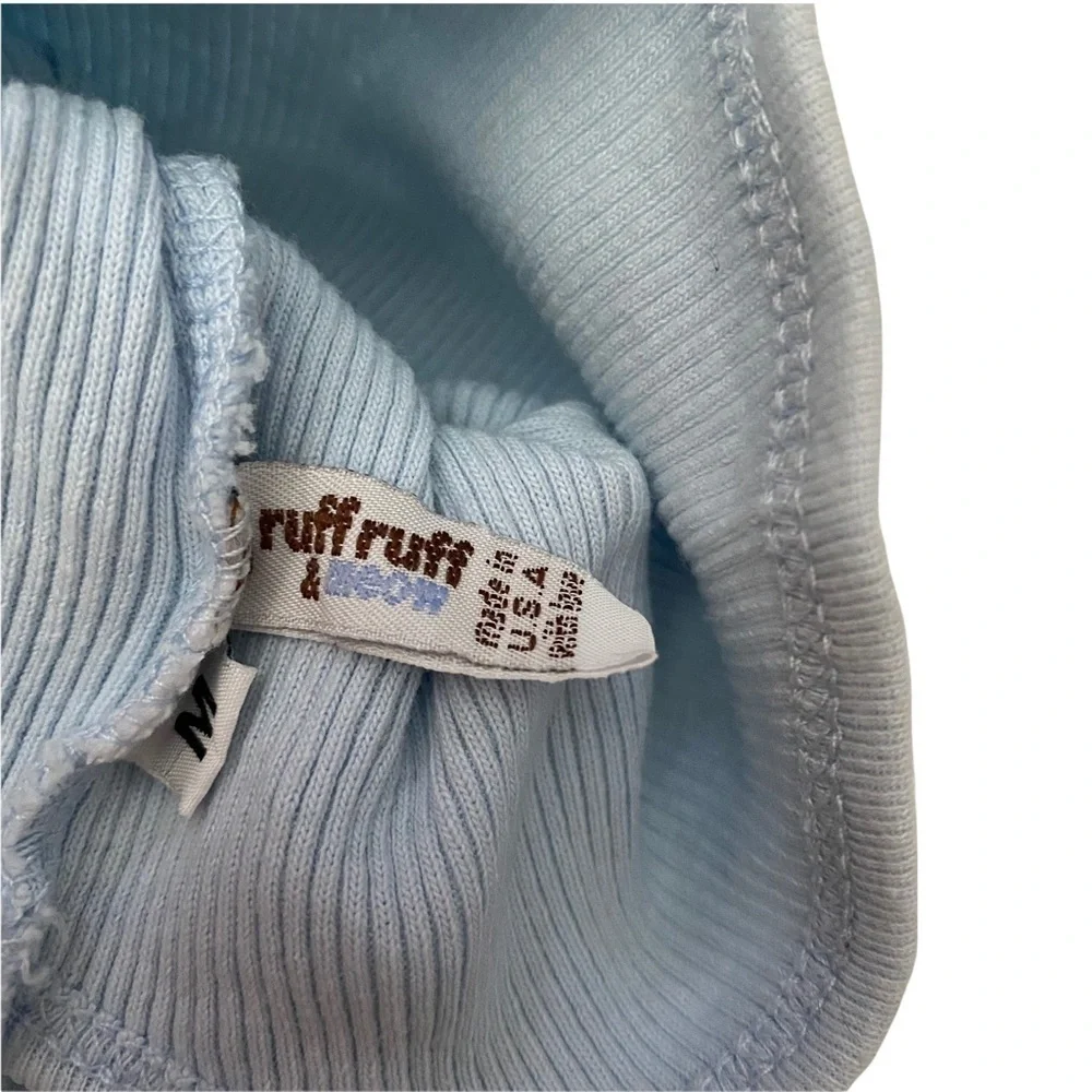 NWOT Ruff Ruff and Meow Ribbed Sky Blue Tee Dog Buddha Rub my Belly Sz Med. B32